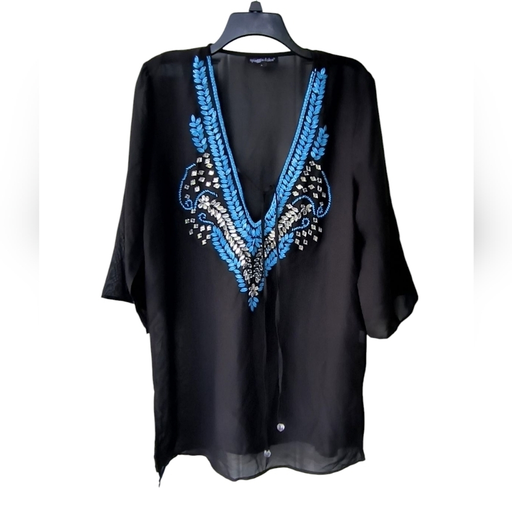 Spiaggia Dolce Black & Blue Embellished Vacation Beach Resort Swim Coverup L